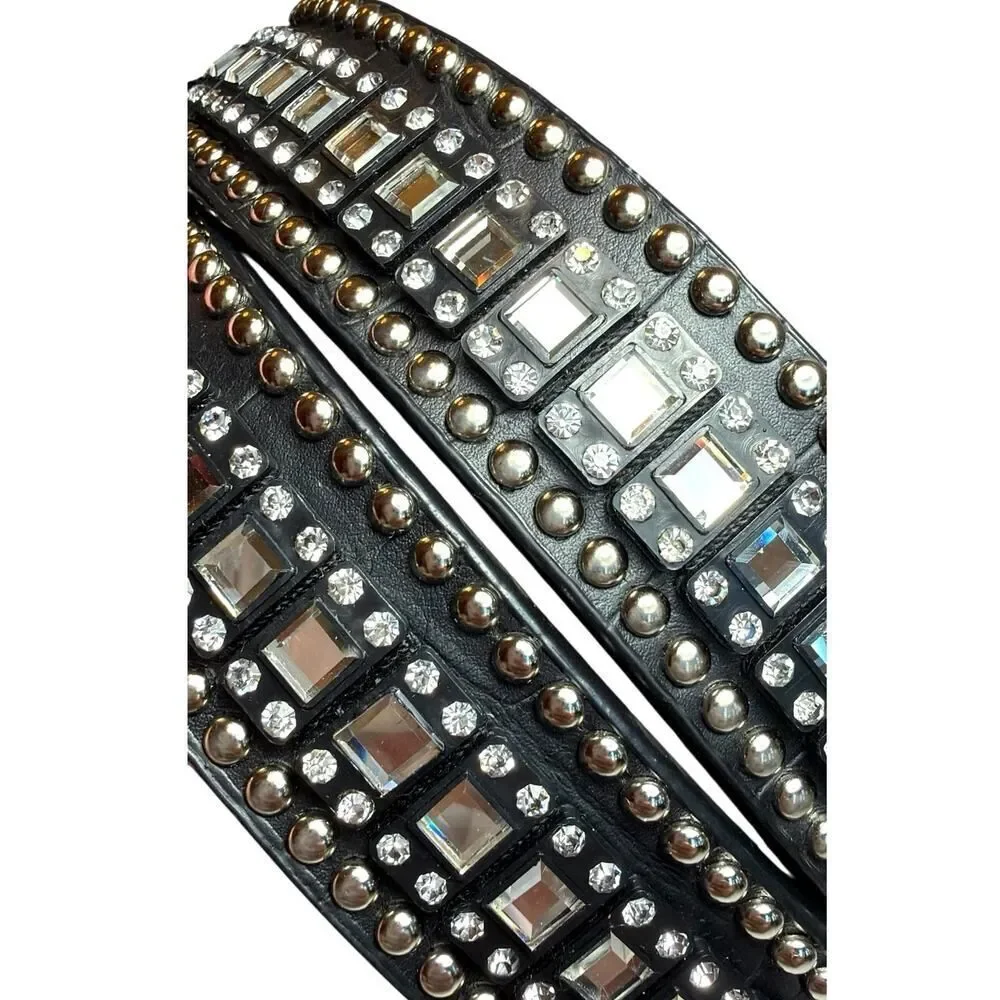 Western Rhinestone Crystal Belt Black Genuine Leather Croc Embossed Studded SM